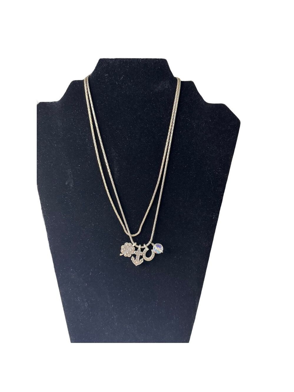 Brighton Silver Tone Charm Necklace Clover Anchor Horseshoe Iridescent Bead
